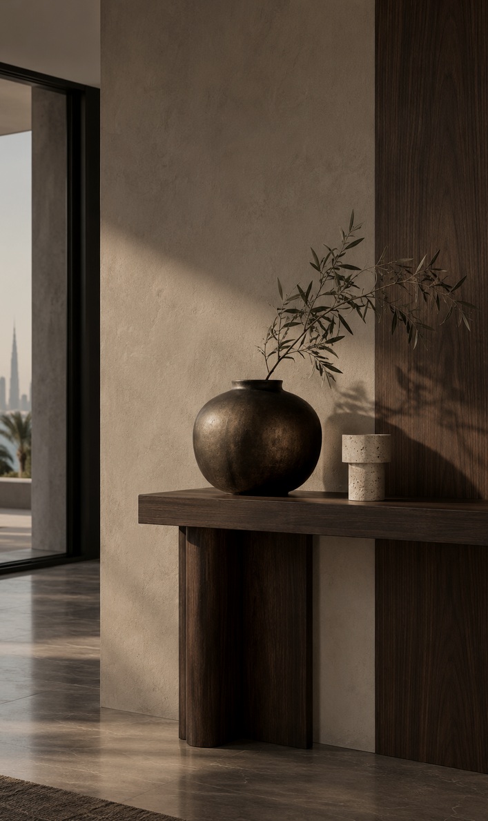 Warm walnut console and sculptural objects in a Dubai residence