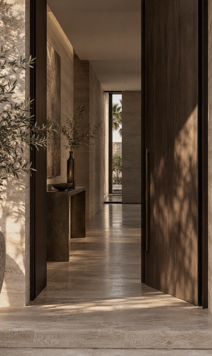 Warm stone and walnut entrance to a contemporary residence