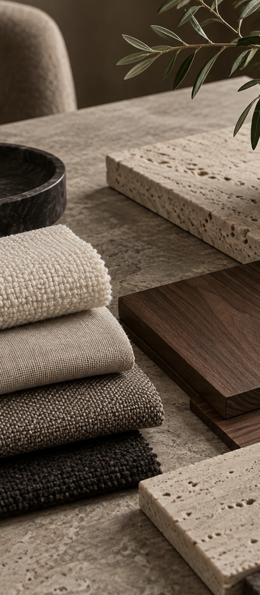 A considered palette of upholstery, stone and timber samples